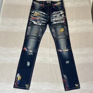 Men's Straight Jeans with Distressed Multicolor Design